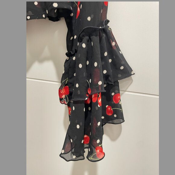 Cute Print Polka Dot Cherry Ruffle Longsleeve Semi Sheer Blouse - Picture 2 of 4